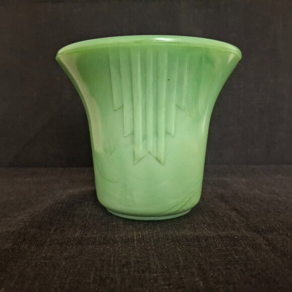 Vintage Akro Agate Jadite Jadeite Glass Flower Pot Art Deco Graduated Darts 4" - Picture 1 of 7